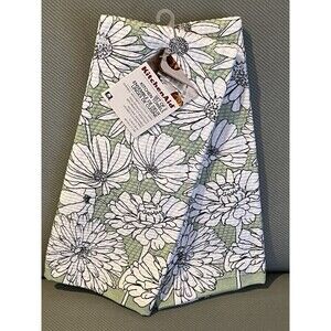 Kitchen Aid Kitchen Towels Dish Hand Green Floral Pack Of 2 Cotton NEW